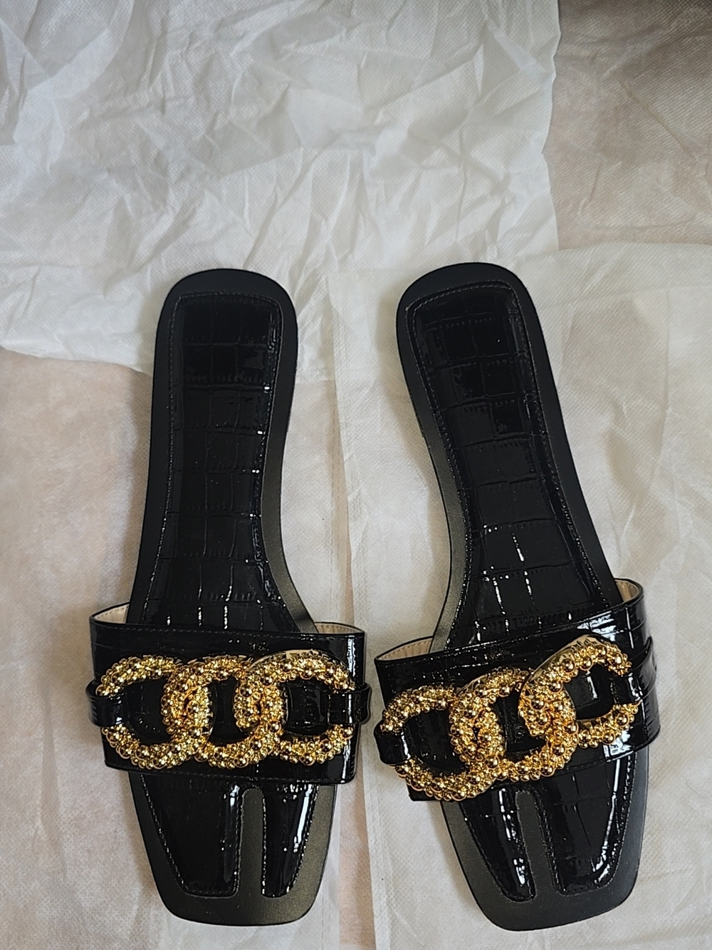 Black Patent Slide Sandals with Gold Chain Accent